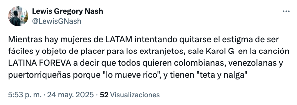 Publicación en X sobre el último tema de Karol G
