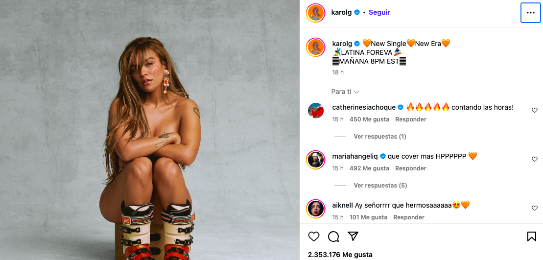 Karol G anuncia nuevo tema en su cuenta de Instagram